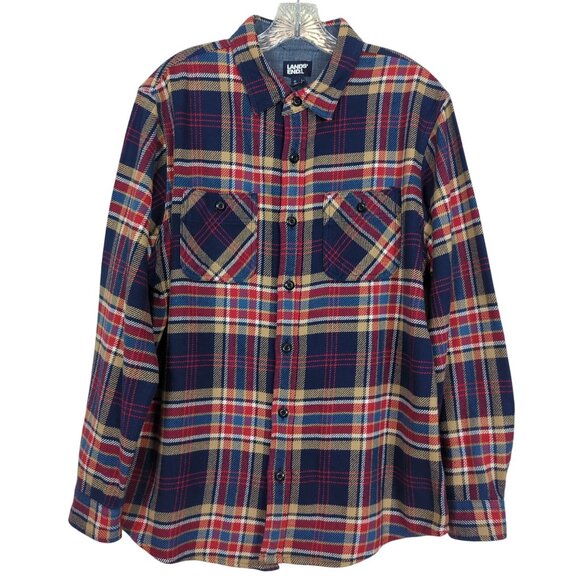 Lands End Plaid Blue Red Work Plaid Shirt size Large Heavy Button Front - Picture 1 of 15